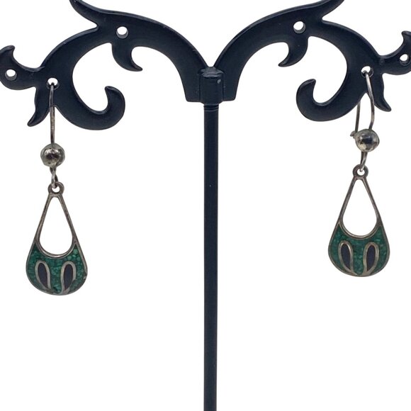 Taxco Mexico Sterling Silver Teardrop Earrings Crushed Stone Inlay TC97 LOOK - Picture 6 of 12